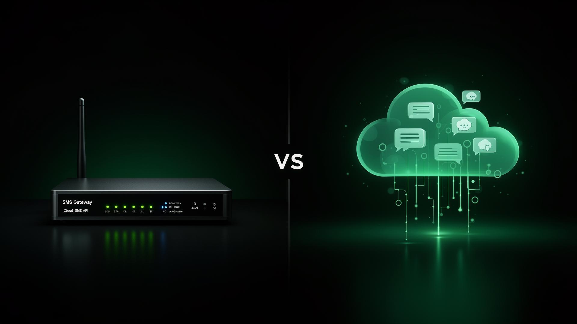Vergleich: SMSEagle Hardware Gateway links, Cloud SMS API rechts, getrennt durch ein VS Symbol
